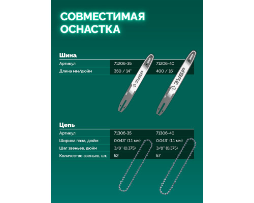 ЗУБР 40 В, (2x20В), 400 мм шина, без АКБ (LMS), пила цепная аккумуляторная (ПЦБ-4040)
