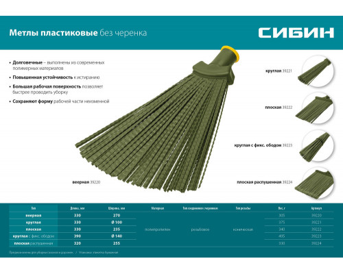 Пластиковая метла плоская веерная 380 х 240 мм полипропилен коническое резьбовое соединение СИБИН 39220_z02