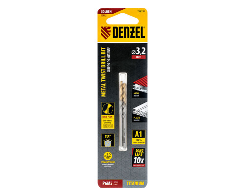 Сверло спиральное по металлу 3,2 x 65 мм, Р6М5, Golden Tip , 2шт. Denzel (718226)