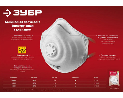 Полумаска фильтрующая ФК-99 коническая, с клапаном выдоха, класс защиты FFP3 ЗУБР 11163-3