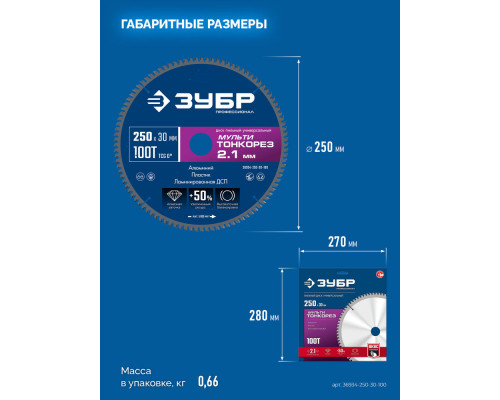 Диск пильный универсальный тонкий рез Мульти Тонкорез 250 х 30 х 2.1 мм, 100Т ЗУБР Профессионал 36934-250-30-100