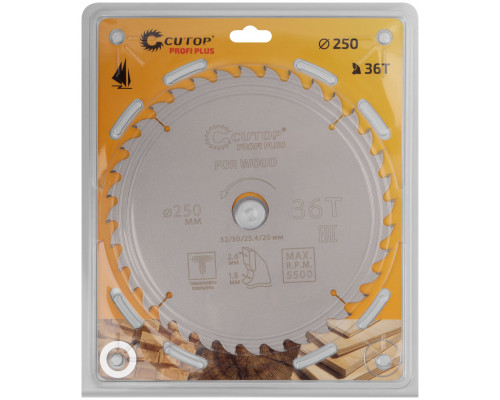 Диск пильный по дереву с тефлоновым покрытием 36Т, CUTOP Profi plus, 250 х 1,8/2,6 х 32/30/25,4/20 мм (75-25036Т)