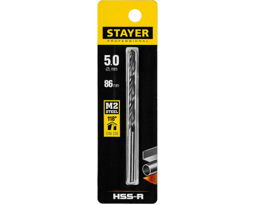 Сверло по металлу быстрорежущая сталь P6M5 Professional HSS-R STAYER 5.0x86 мм 29602-5  
