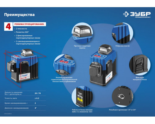 Лазерный нивелир КРЕСТ 2D, 20 - 70 м ЗУБР Профессионал 34907