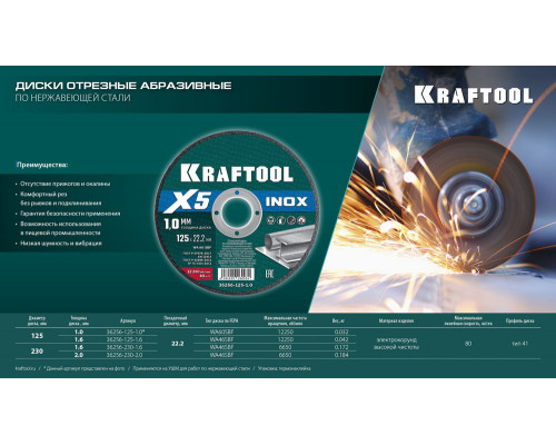 Отрезной диск для УШМ X5 INOX, 230x2.0 мм, по нерж. стали KRAFTOOL 36256-230-2.0