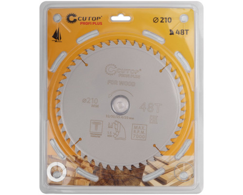 Диск пильный по дереву с тефлоновым покрытием 48Т, CUTOP Profi plus, 210 х 1,5/2,2 х 32/30/25,4/20 мм (75-21048Т)