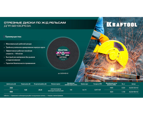 Отрезной диск для бензореза X7-EXTREM RAIL, 400x4.0 / 25.4 мм, по Ж/Д рельсам KRAFTOOL 36258-400-4.0