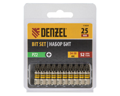 Бита PZ2х25, сталь S2, шестигранный профиль, 10 шт. Е 6,3 Denzel (11654)
