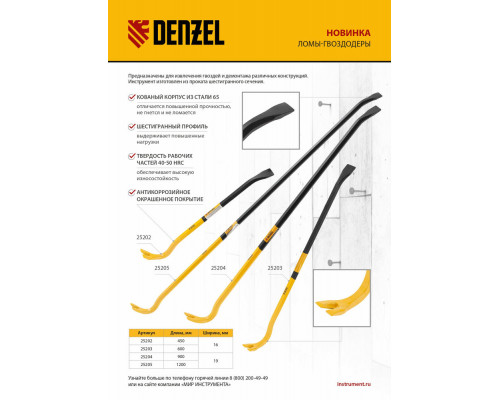 Лом-гвоздодер, 900 мм, шестигранный 19 мм, окрашенный, сталь 65 Denzel
