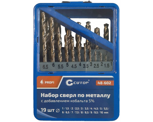 Набор сверл по металлу с кобальтом 5% в металлической коробке; 1-10 мм (через 0,5 мм), 19 шт., Cutop Profi (48-602)