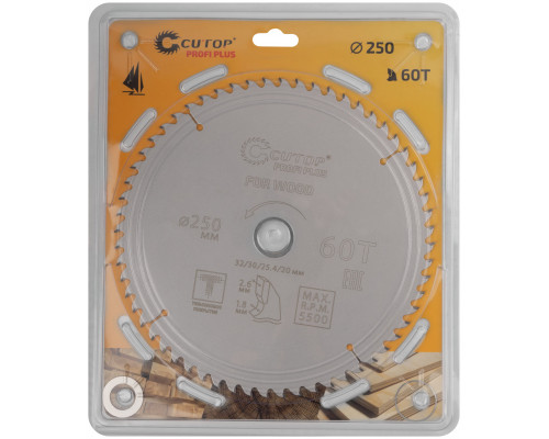 Диск пильный по дереву с тефлоновым покрытием 60Т, CUTOP Profi plus, 250 х 1,8/2,6 х 32/30/25,4/20 мм (75-25060Т)