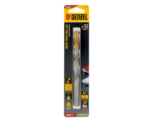 Сверло спиральное по металлу 12 x 151 мм, Р6М5, Golden Tip Denzel (718244)
