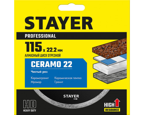 Диск алмазный сплошной Ceramo-22, d 115 мм, (22.2 мм, 5 х 1.9 мм) STAYER Professional 3664-115_z02