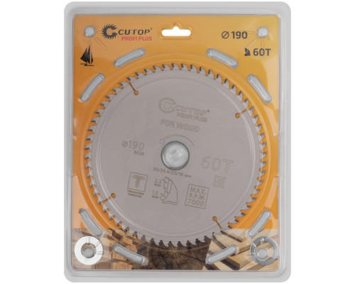 Диск пильный по дереву с тефлоновым покрытием 60Т, CUTOP Profi plus, 190 х 1,5/2,2 х 30/25,4/20/16 мм (75-19060Т)