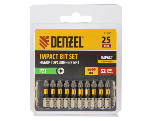 Бита IMPACT, PZ1x25 мм, лазерная обработка шлица, сталь S2, 10 шт., Е 6,3 Denzel (11686)