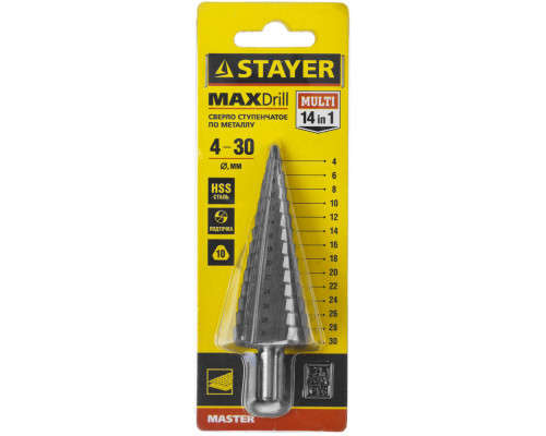 Сверло ступенчатое 4-30 мм, 14 ступеней, сталь HSS STAYER 29660-4-30-14