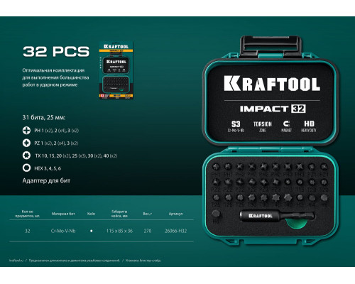Набор ударных бит Impact-32, 32 шт KRAFTOOL 26066-H32
