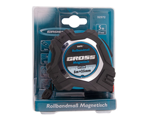Рулетка Magnetisch 5 м х 25 мм,обрезиненный корпус,автоматическая фиксация,Нейлоновое покрытиеытие,зацеп с магнитом Gross