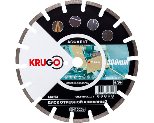 Диск алмазный для асфальта, лазерная сварка 300x25.4x40x3.0x10/15mm KRUGO (LAB12A)