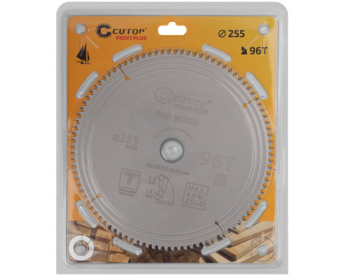 Диск пильный по дереву с тефлоновым покрытием 96Т, CUTOP Profi plus, 255 х 1,8/2,6 х 32/30/25,4/20 мм (75-25596Т)