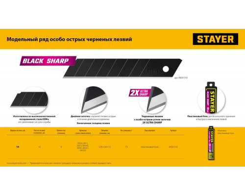 Лезвия сегментированные черные особоострые BLACK SHARP, 18 мм, 10 шт STAYER 0920-S10