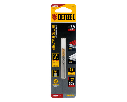Сверло спиральное по металлу 2,5 x 57 мм, Р6М5, Golden Tip , 2шт. Denzel (718224)