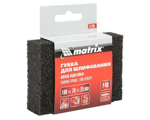 Губка для шлифования, 100 х 70 х 25 мм, мягкая, P 40 Matrix (75700)