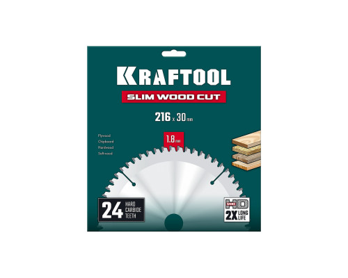Диск пильный по дереву Slim wood cut, 216 х 30 x 1.8 мм, 24Т KRAFTOOL 36955-216-30-24