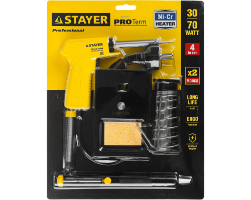 STAYER PROTerm, 30Вт+70Вт, 2 в 1, пистолетная рукоятка, конус, оловоотсос + подставка + припой, набор для паяльных работ, Professional (55315-70-H4)