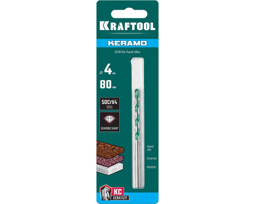 Сверло по керамограниту Keramo, 4 х 80 мм, тв.сплав КС KRAFTOOL 29175-080-4