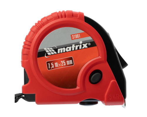 Рулетка Rubber,7,5 м х 25 мм,обрезиненный корпус Matrix