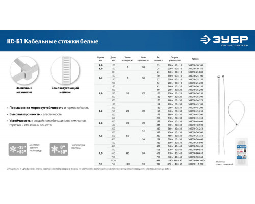 Кабельные стяжки КС-Б1, 7.6 x 250 мм, нейлон РА66, 100 шт, белые ЗУБР Профессионал 309010-76-250