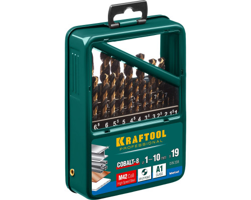 Набор сверл по металлу COBALT-8, 19 шт, (1–10 мм), сталь М42, HSS-Co(8%) KRAFTOOL 29656-H19