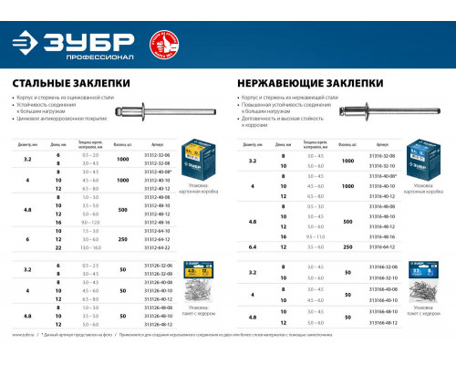 Заклёпки нержавеющие 4.8?12 мм 50 шт ЗУБР Профессионал 313166-48-12