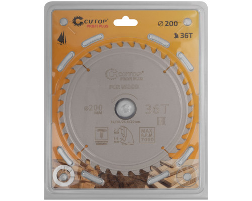 Диск пильный по дереву с тефлоновым покрытием 36Т, CUTOP Profi plus, 200 х 1,5/2,2 х 32/30/25,4/20 мм (75-20036Т)