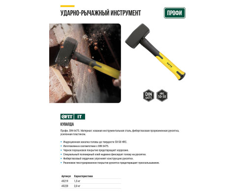 Кувалда кованая, фиберглассовая усиленная ручка Профи 2,0 кг (45220)