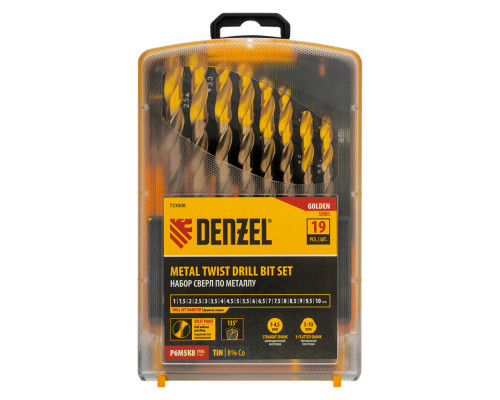 Набор сверл по металлу, 1-10 мм, Р6М5К8-TiN, Golden Tip, 19 шт Denzel (723008)