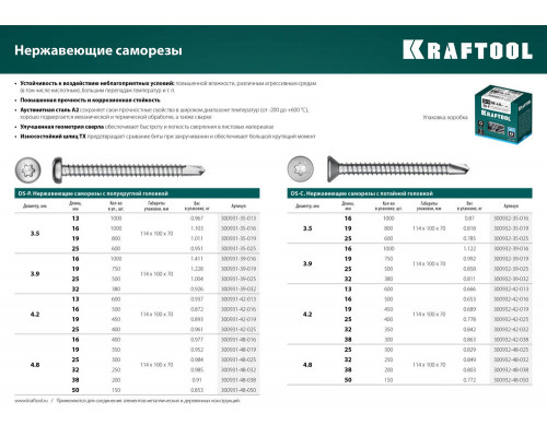 KRAFTOOL DS-P, 32 х 3.9 мм, А2, сверло, полукруглая головка, ТХ15, 380 шт, саморез нержавеющий (300931-39-032)