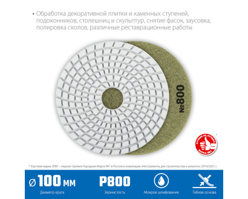 Круг алмазный гибкий шлифовальный АГШК 100 мм, №800, мокрое шлифование ЗУБР Профессионал 29866-800