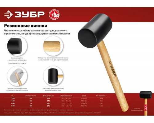 ЗУБР 450 г, чёрная, резиновая киянка (2050-65_z02)