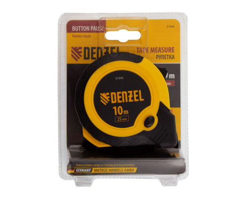 Рулетка 10м х 25мм, двухкомп. корпус, кнопка-пауза Denzel