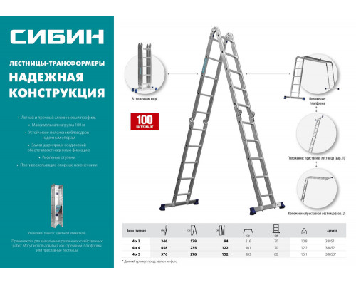 Алюминиевая четырехсекционная лестница-трансформер 4 x 5 ступени СИБИН ЛТ-45 38853