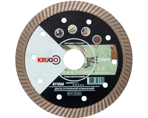 Диск алмазный Турбо по керамике для УШМ 125 x 1.4 x 22.23 x 10mm KRUGO (RTT05A)