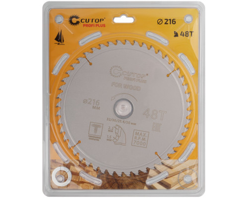 Диск пильный по дереву с тефлоновым покрытием 48Т, CUTOP Profi plus, 216 х 1,5/2,2 х 32/30/25,4/20 мм (75-21648Т)