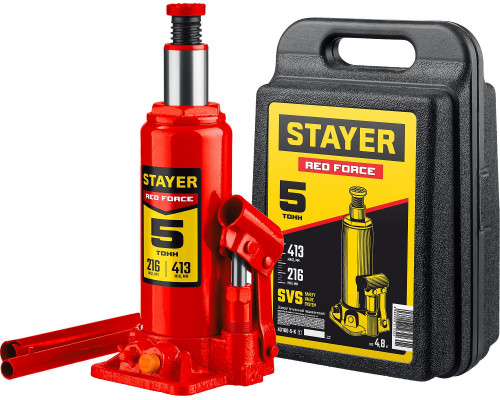 Домкрат бутылочный гидравлический в кейсе 5 т, 216 - 413 мм RED FORCE Professional STAYER 43160-5-K