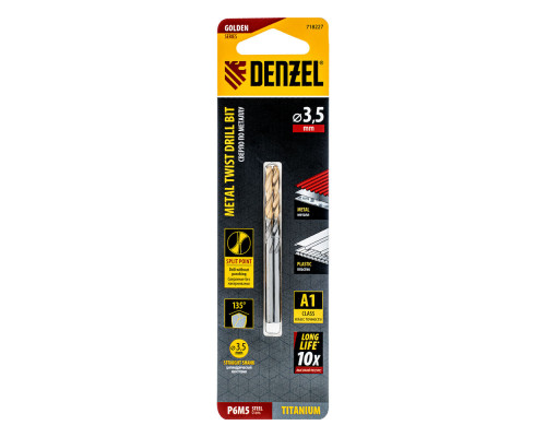 Сверло спиральное по металлу 3,5 x 70 мм, Р6М5, Golden Tip , 2шт. Denzel (718227)