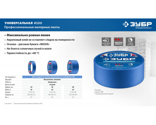Лента малярная №100, 36 мм x 25 м, для гладких и слегка шероховатых поверхностей ЗУБР Профессионал 12141-36