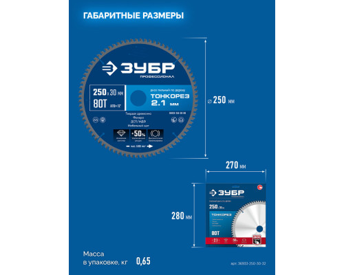 Диск пильный по дереву тонкий рез 250 x 30 x 2.1 мм, 80Т ЗУБР Тонкорез Профессионал 36933-250-30-80