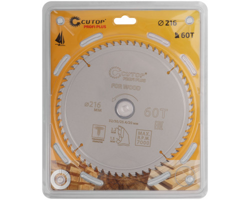 Диск пильный по дереву с тефлоновым покрытием 60Т, CUTOP Profi plus, 216 х 1,5/2,2 х 32/30/25,4/20 мм (75-21660Т)