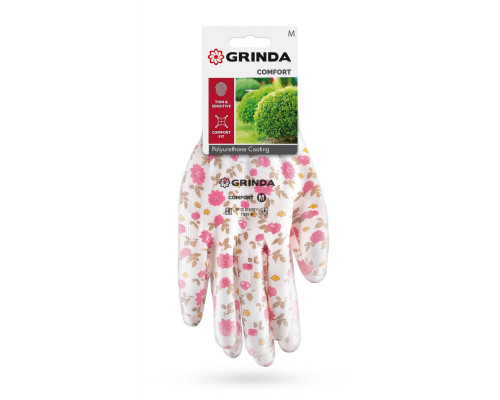 GRINDA COMFORT, M (8), садовые перчатки с прозрачным полиуретановым покрытием, розовые, 13 класс (11291-M_z01)